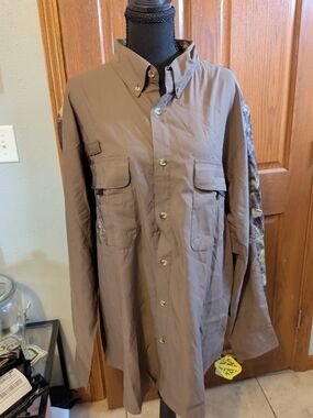 Men's Brown Casual Button-Down Shirt with Camo Sleeve Accents